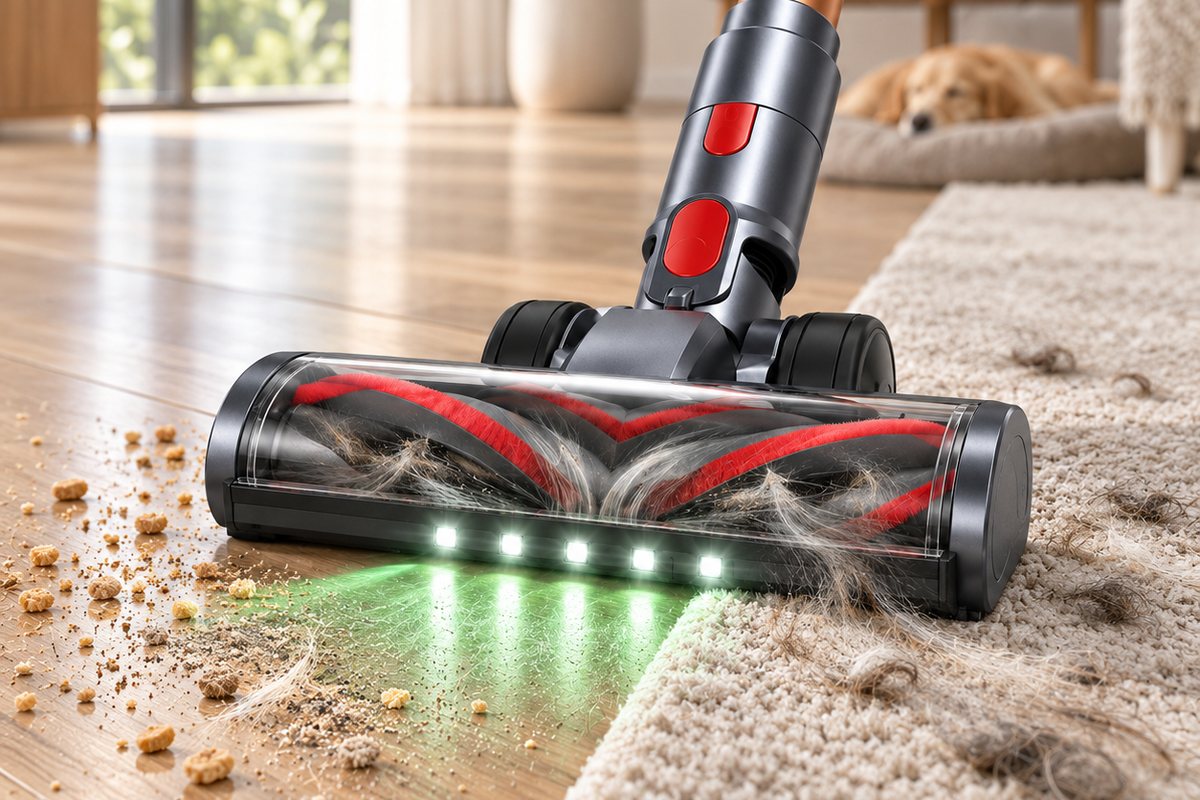 A cordless vacuum floor head lighting up dust on a carpet